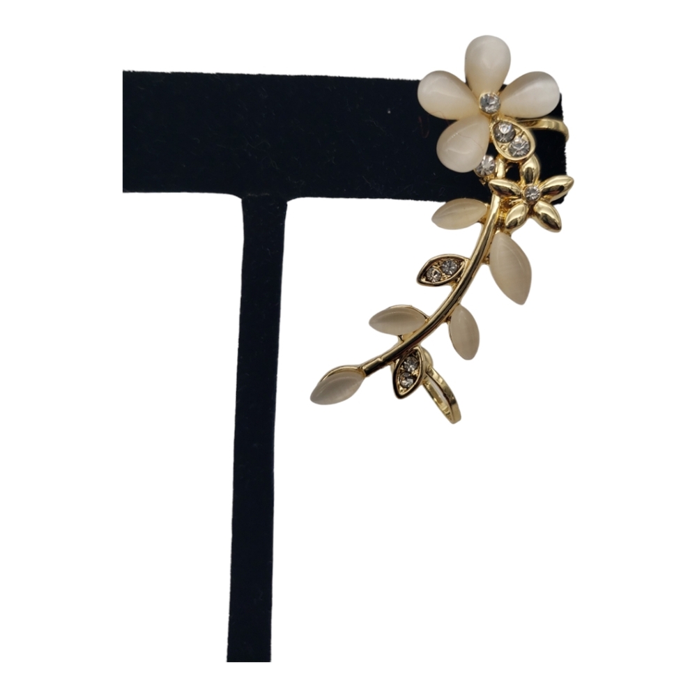 Floral Earring Cuff OS Goldtone Cream Clear CZ Stones Clip Back
